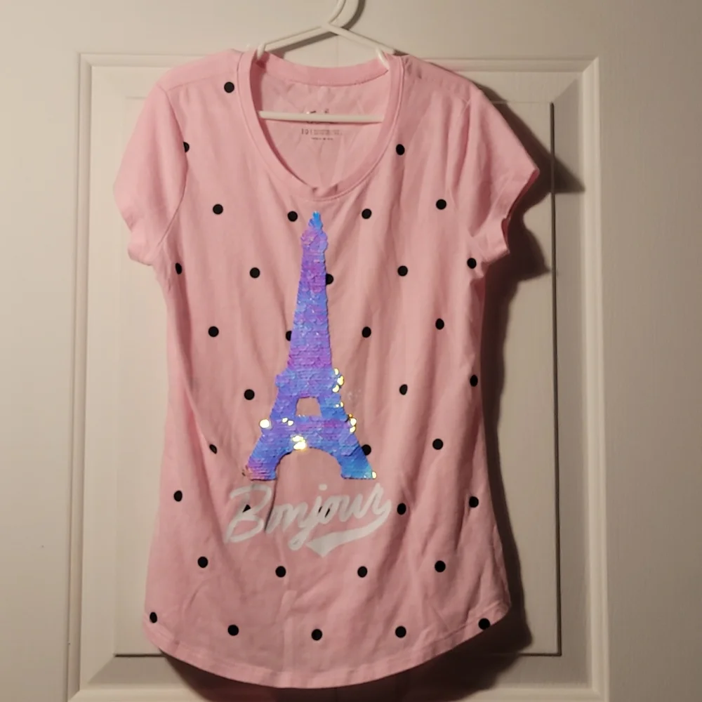 Justice Girls 10 Eiffel Tower glitter sparkly sequin pink Tshirt
